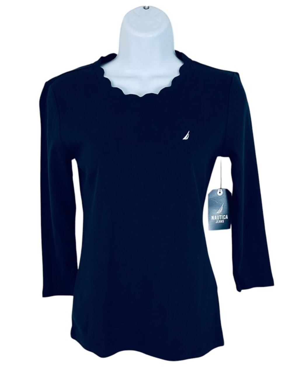 Nautica Women's Size XS Scallop Neckline 3/4 Length Ink T-Shirt NEW